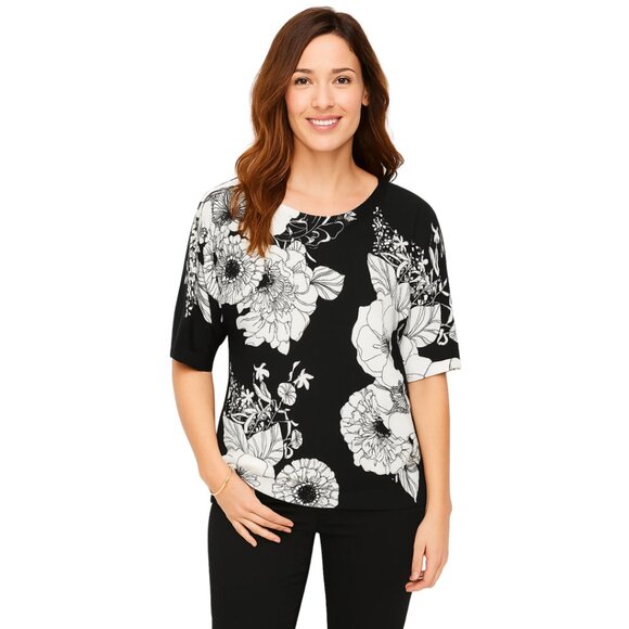 NWT Talbots Wo Petite Black & Floral Short Sleeve Sweater Boat Neck | Size Small - Picture 1 of 12